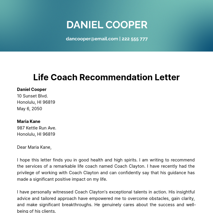 Free Life Coach Recommendation letter   Template