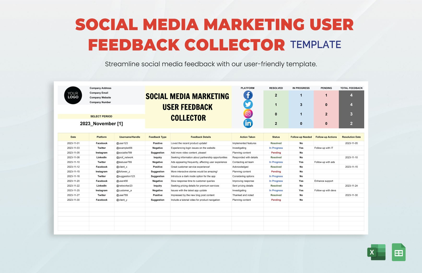 Social Media Marketing User Feedback Collector Template in Excel, Google Sheets