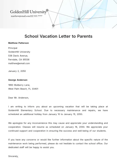 Free School Vacation Letter to Parents Template to Edit Online