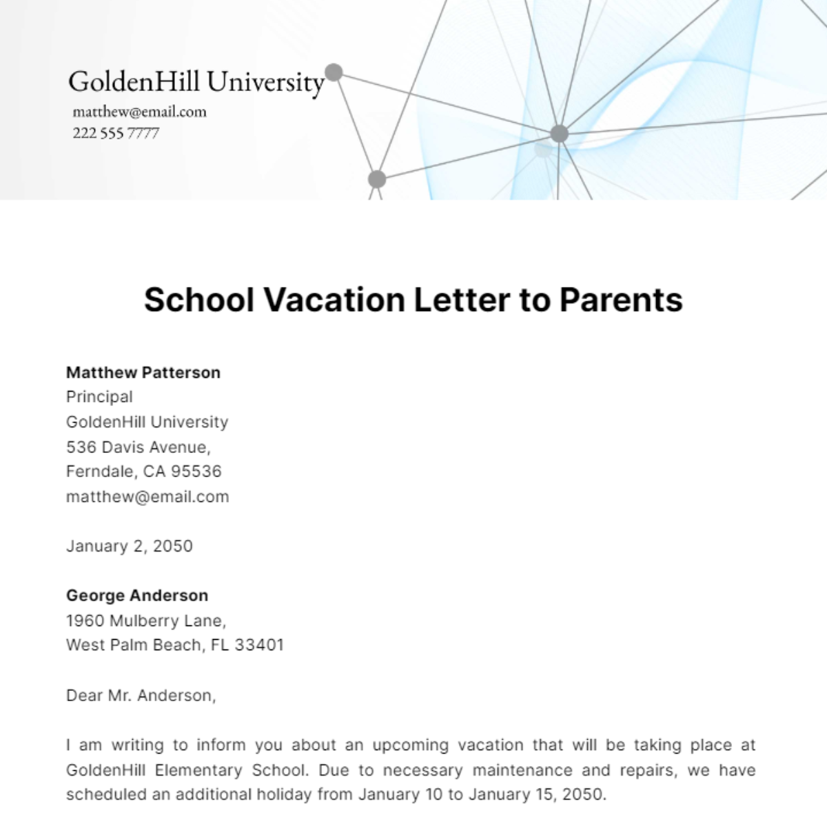 School Vacation Letter to Parents Template