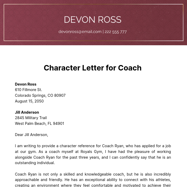 Free Character Letter for Coach   Template
