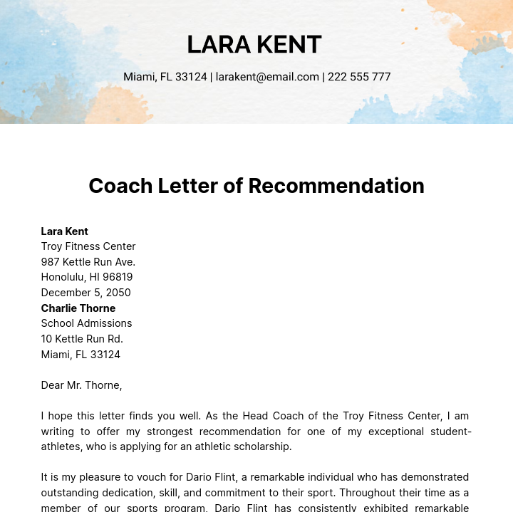 Student Athlete Recommendation Letter   Template