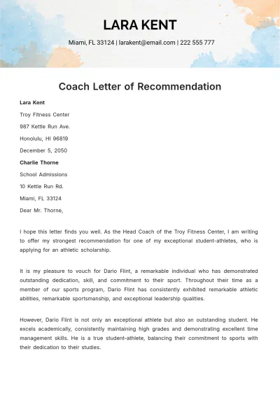 Free Student Athlete Recommendation Letter   Template to Edit Online
