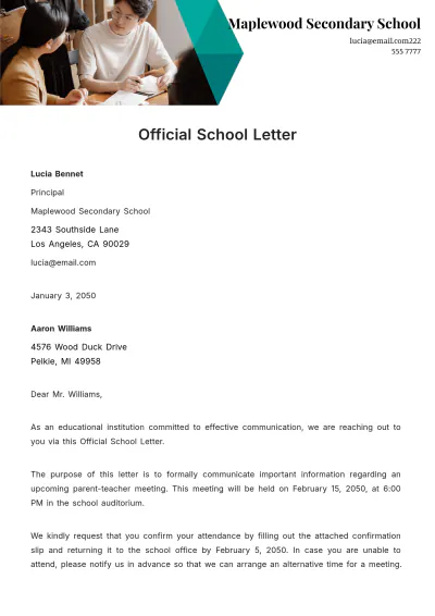 Free Official School Letter   Template to Edit Online