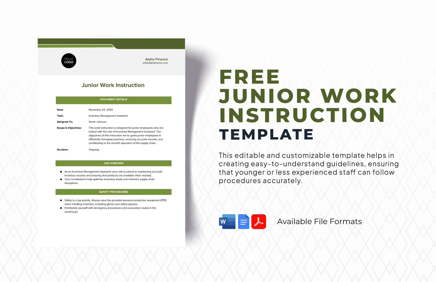 Free Junior Work Instruction Template in Word, Google Docs, PDF