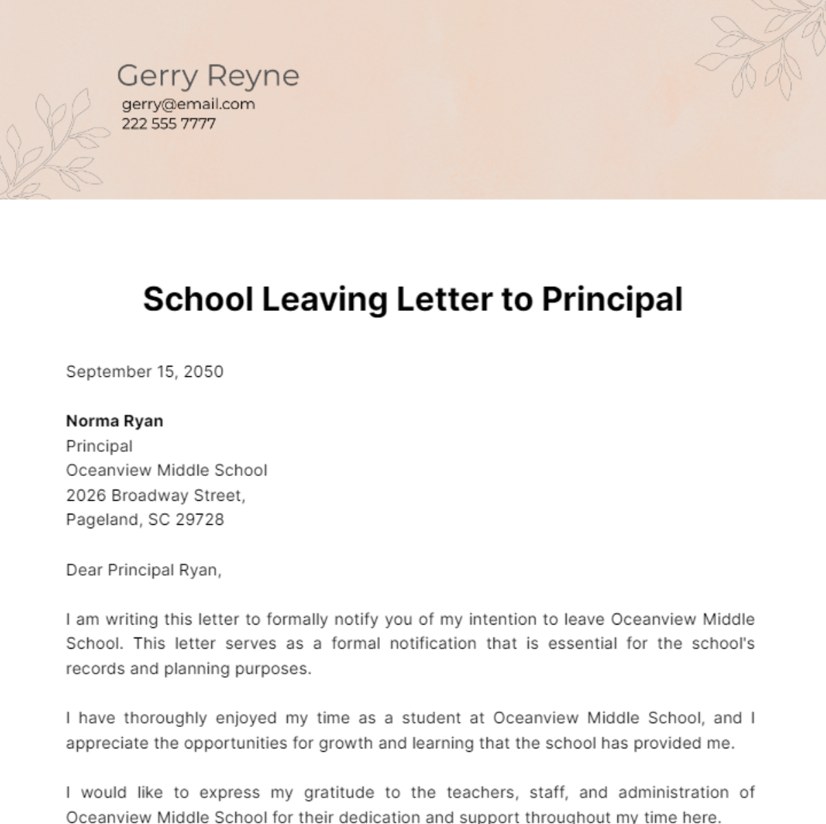 School Leaving Letter to Principal Template