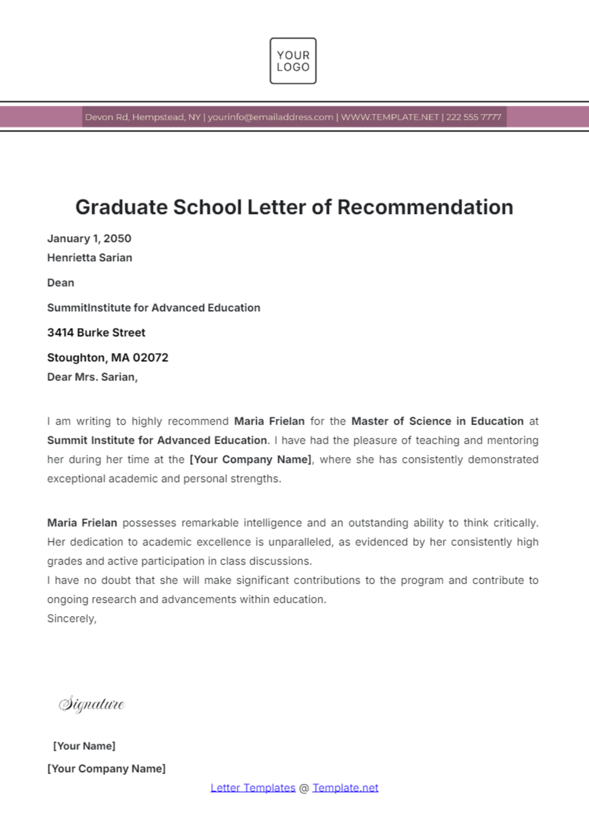 Graduate School Letter of Recommendation Template - Edit Online & Download