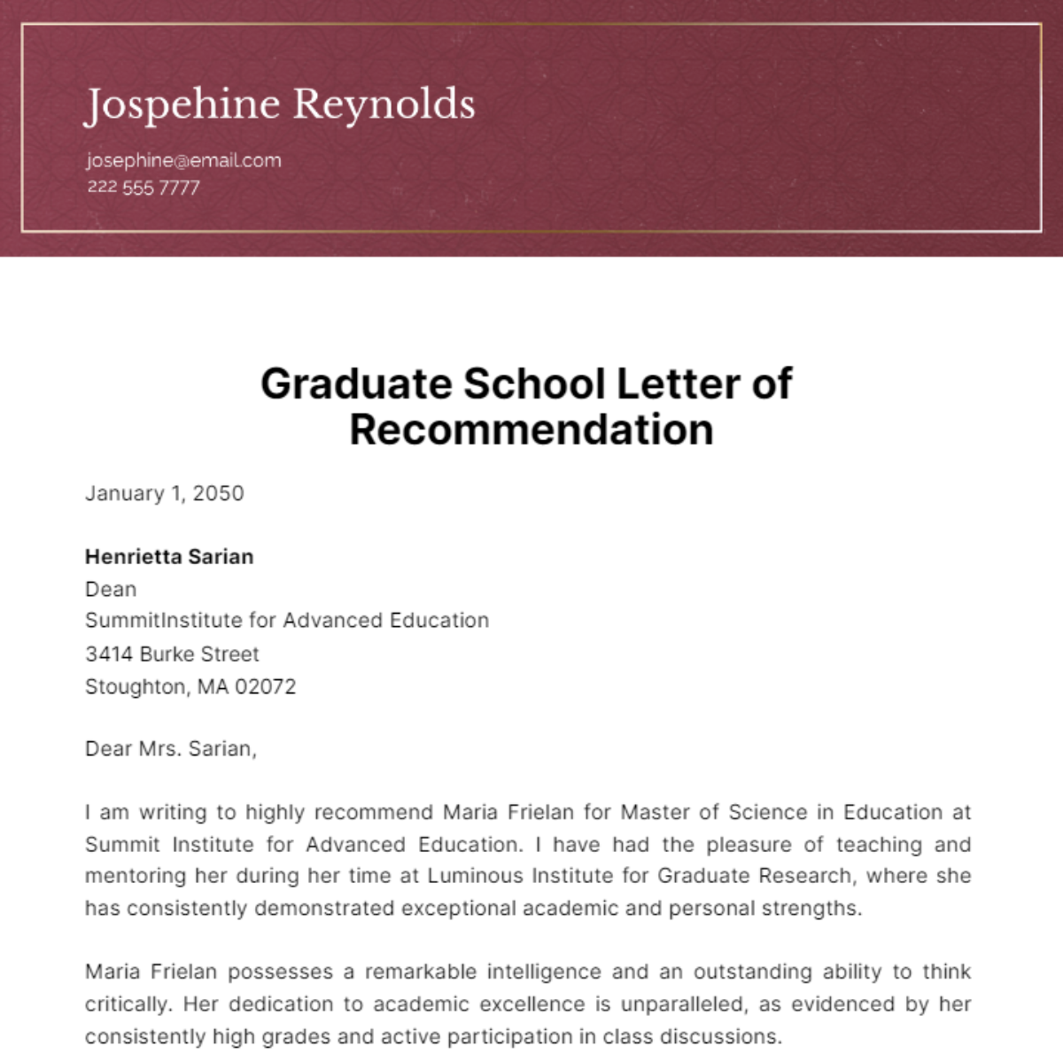 Graduate School Letter of Recommendation Template