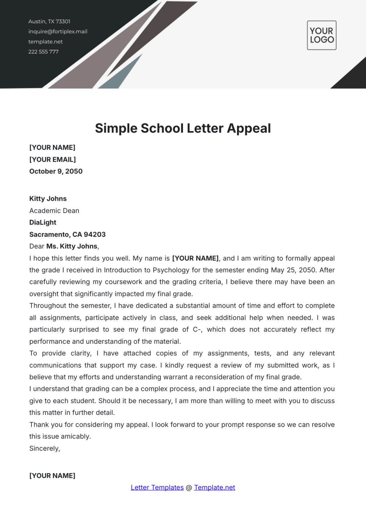 Simple School Appeal Letter Template - Edit Online & Download