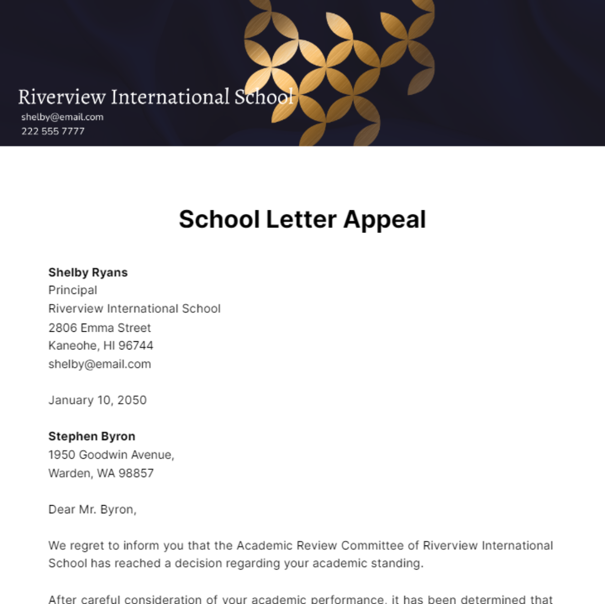 School Appeal Letter Template