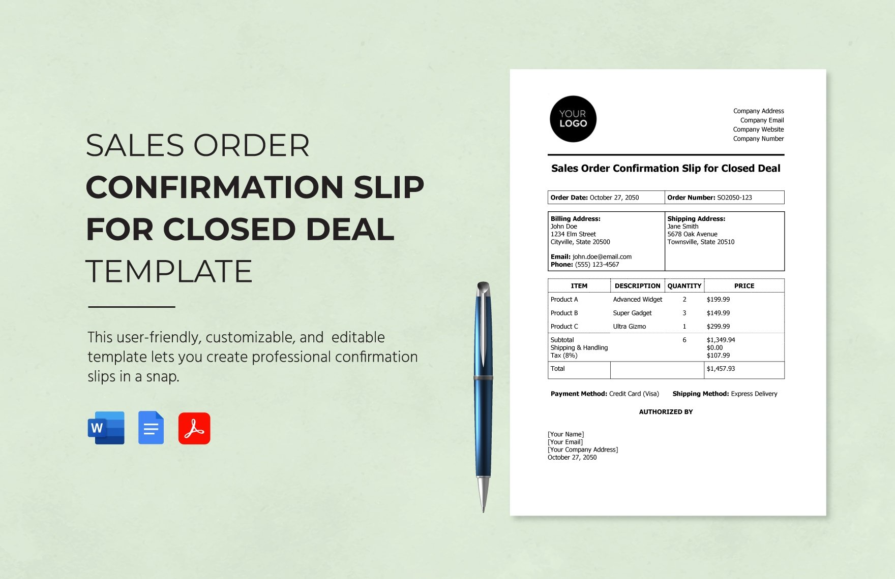 Sales Order Confirmation Slip for Closed Deal Template