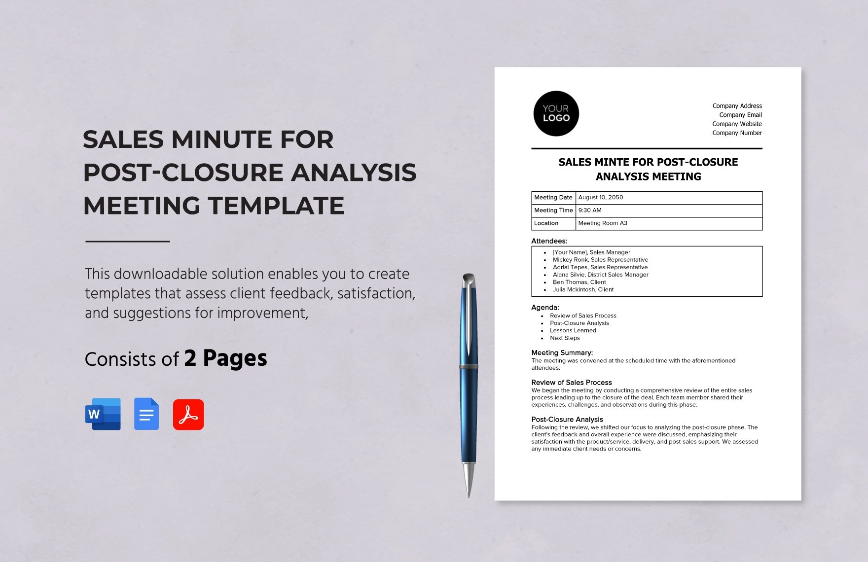 Sales Minute for Post-Closure Analysis Meeting Template