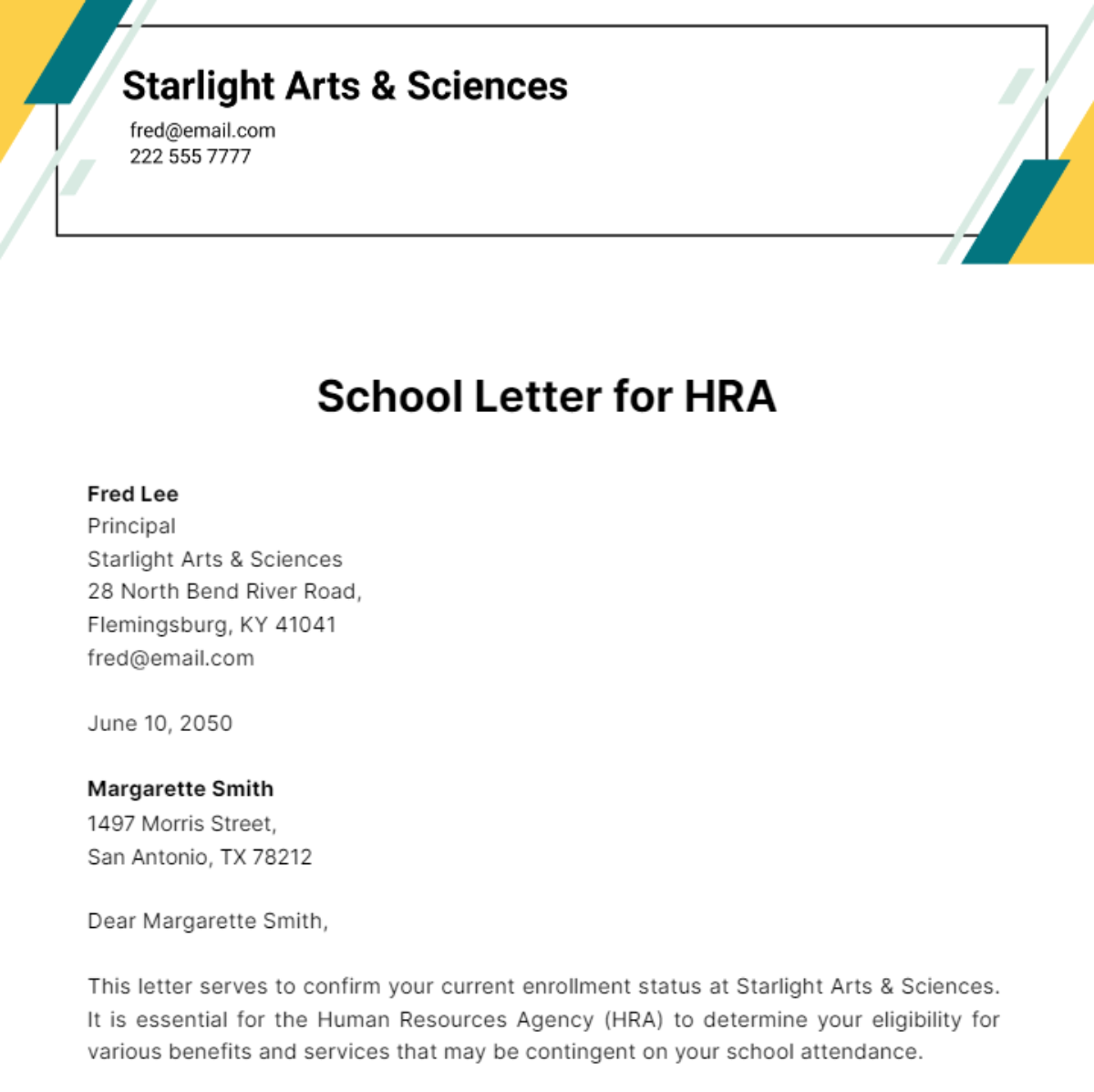 School Letter for HRA  Template