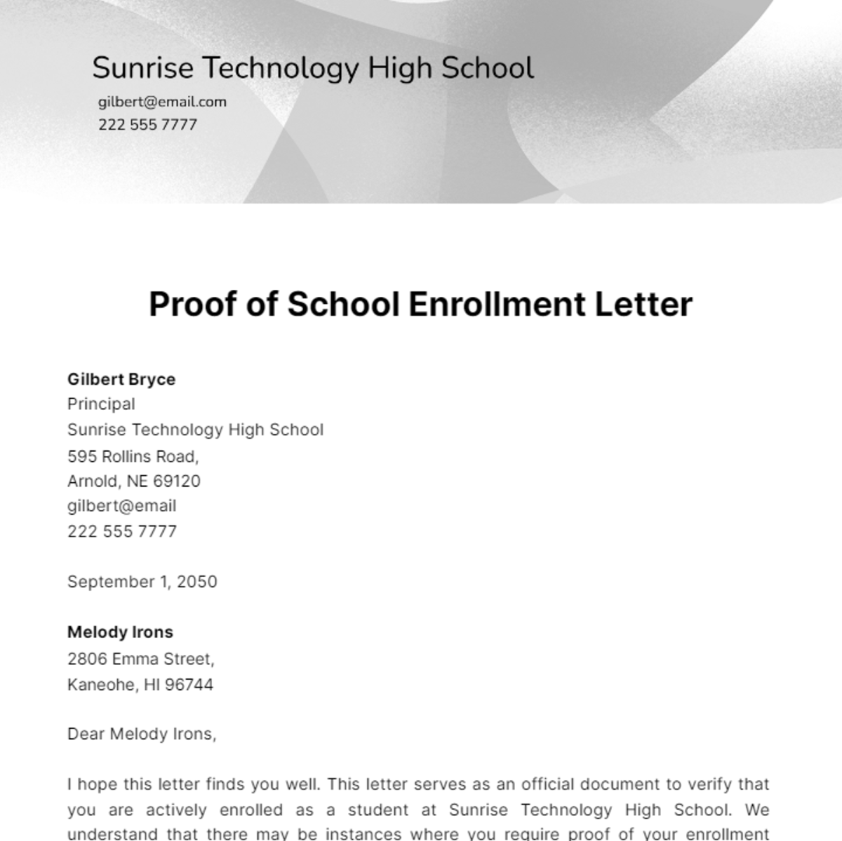 Proof of School Enrollment Letter   Template