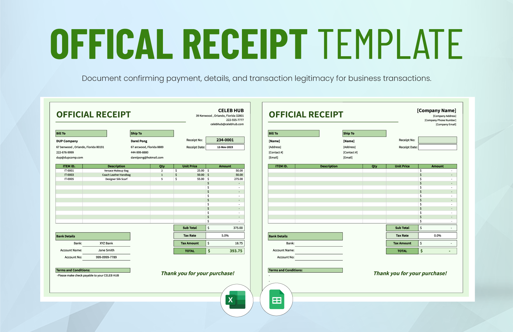 Offical Receipt Template in Excel, Google Sheets
