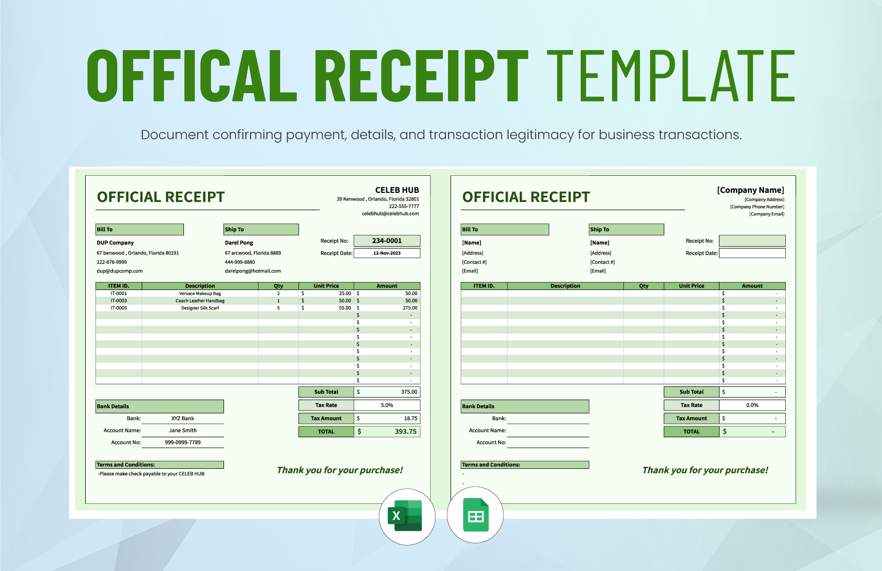 Offical Receipt Template in Excel, Google Sheets - Download | Template.net