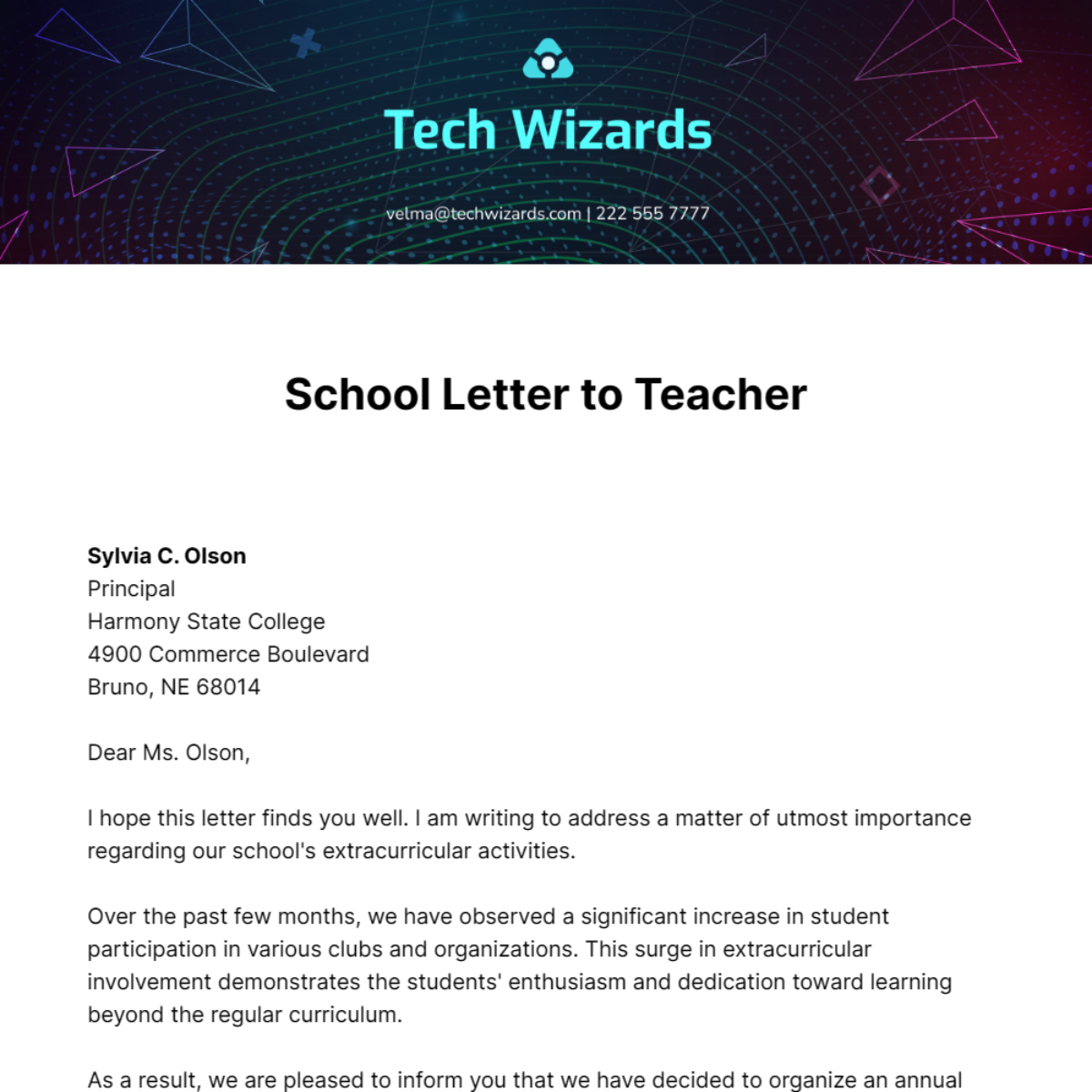 School Letter to Teacher Template