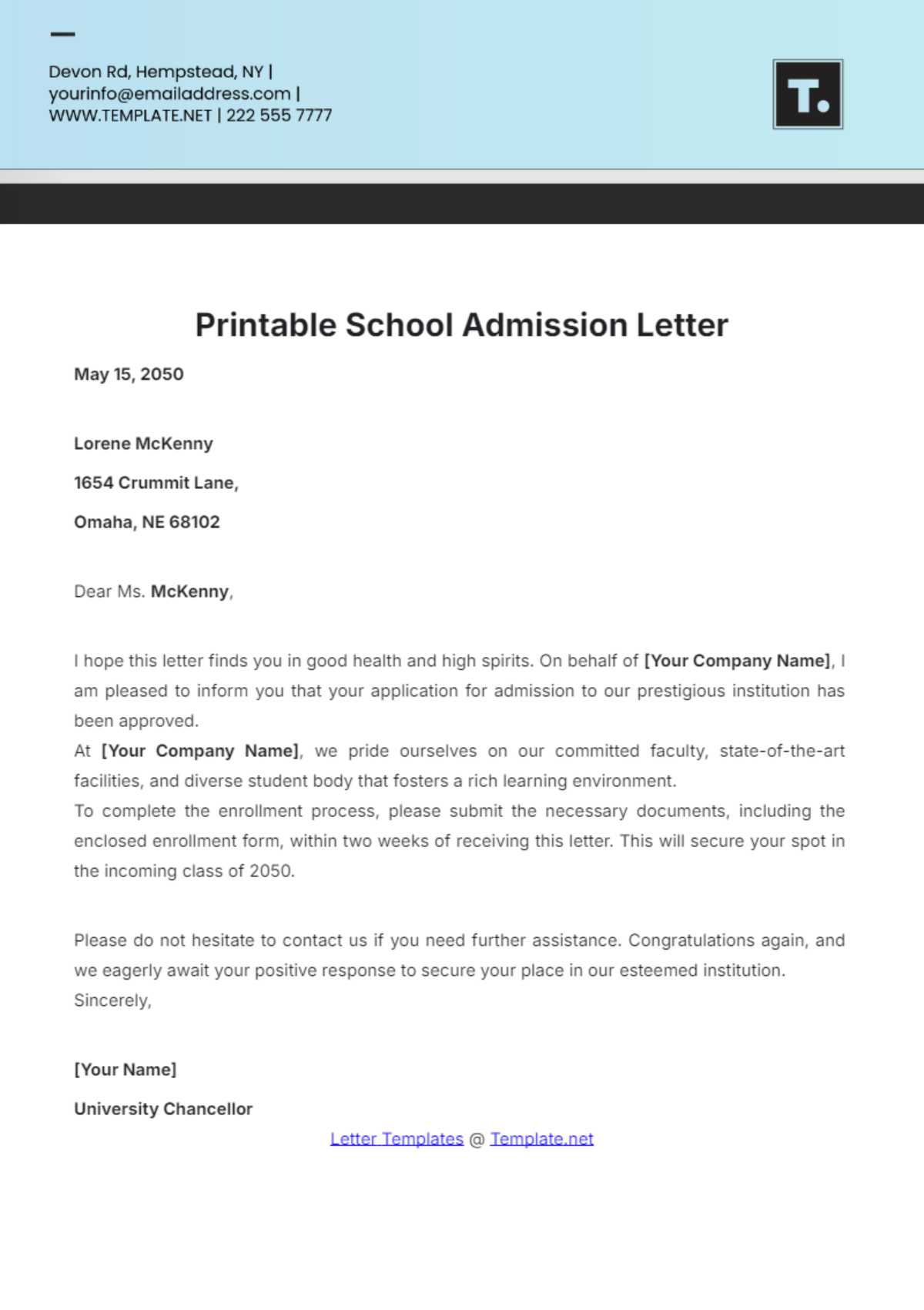 Printable School Admission Letter Template - Edit Online & Download