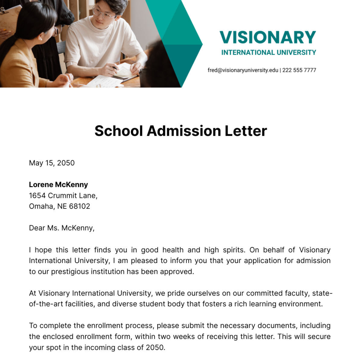 School Admission Letter Template