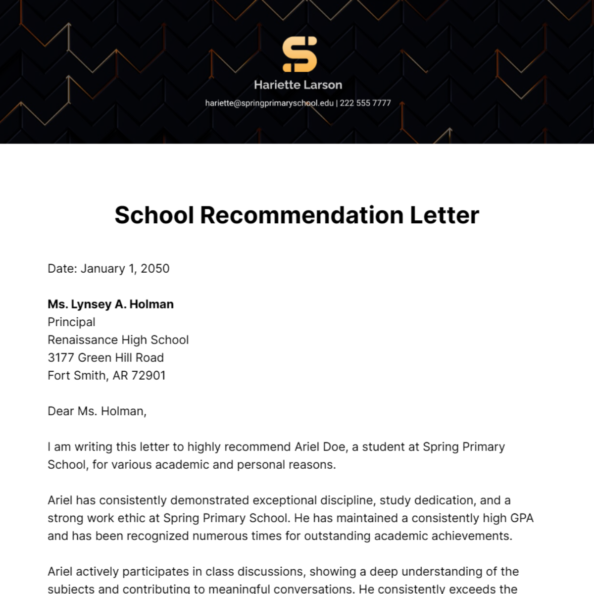 School Recommendation Letter for Student Template
