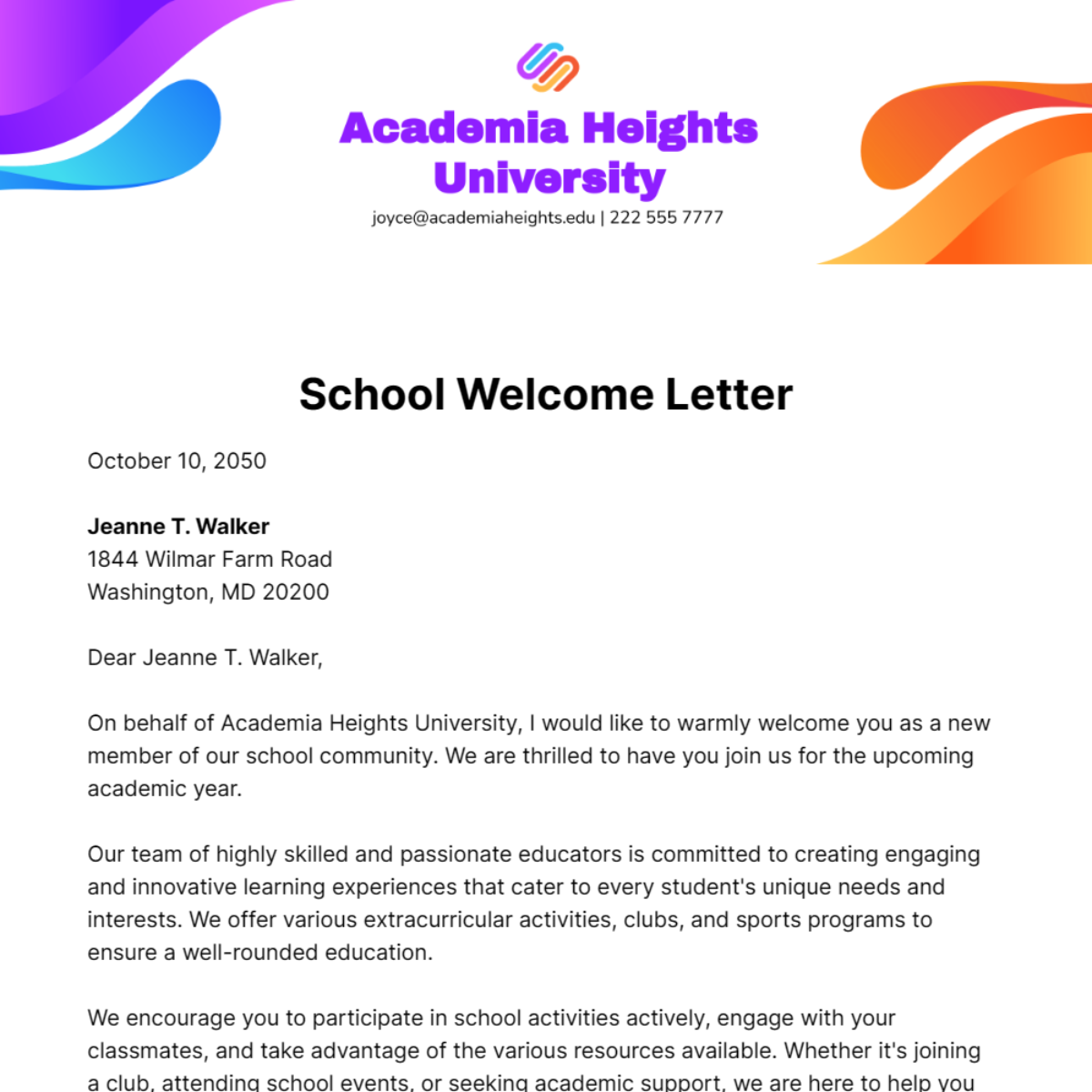 School Welcome Letter Template