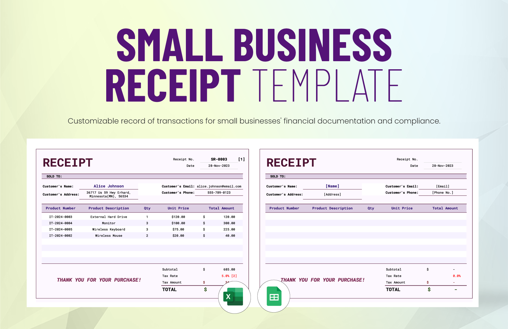 Small Business Receipt Template in Excel, Google Sheets