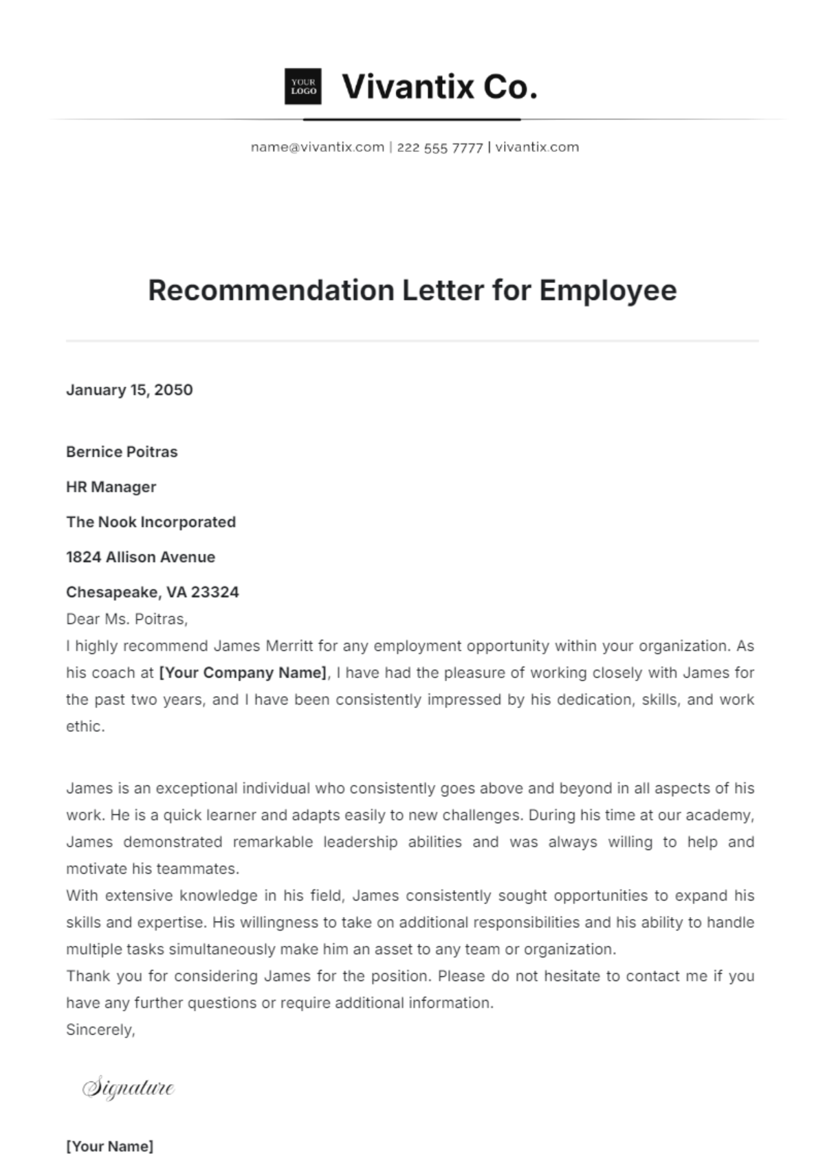 Free Recommendation Letter for Employee Template