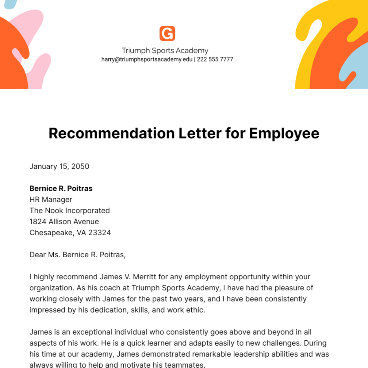 Free Recommendation Letter for Employee Template