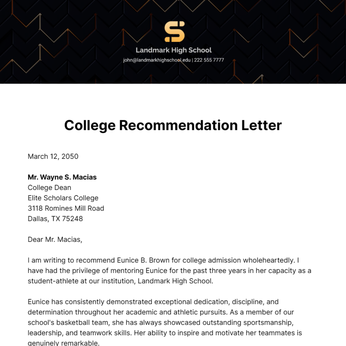 Free Recommendation Letter for Scholarship Template
