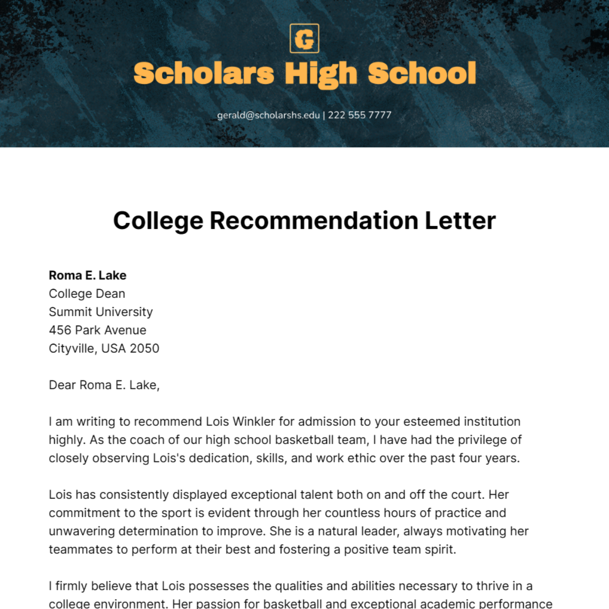 Free College Recommendation Letter Template