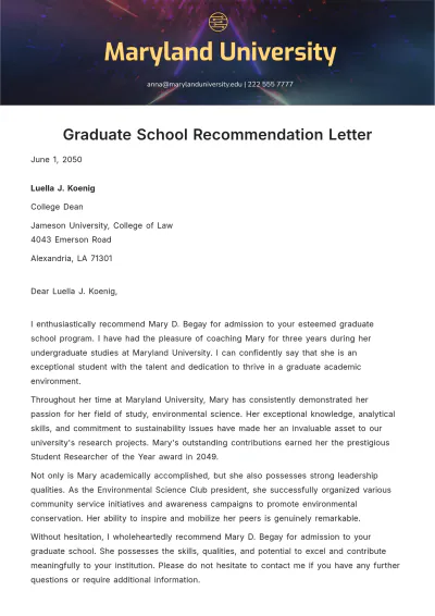 Free Graduate School Recommendation Letter Template to Edit Online