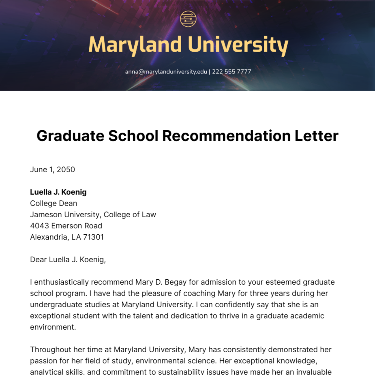 Graduate School Recommendation Letter Template