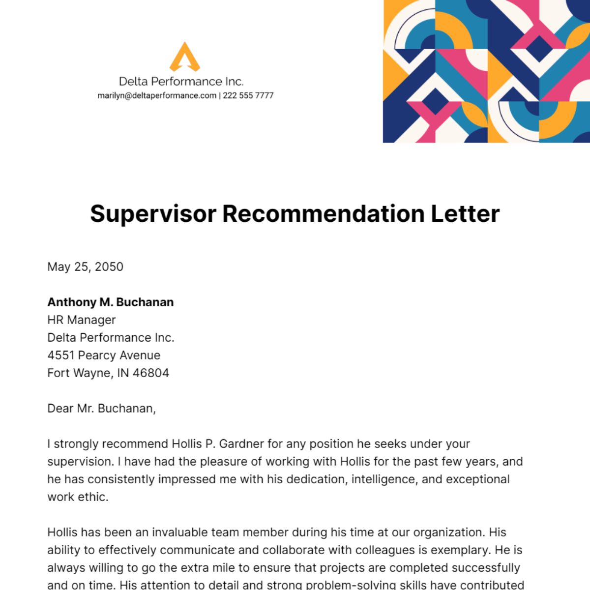 Supervisor Recommendation Letter Template