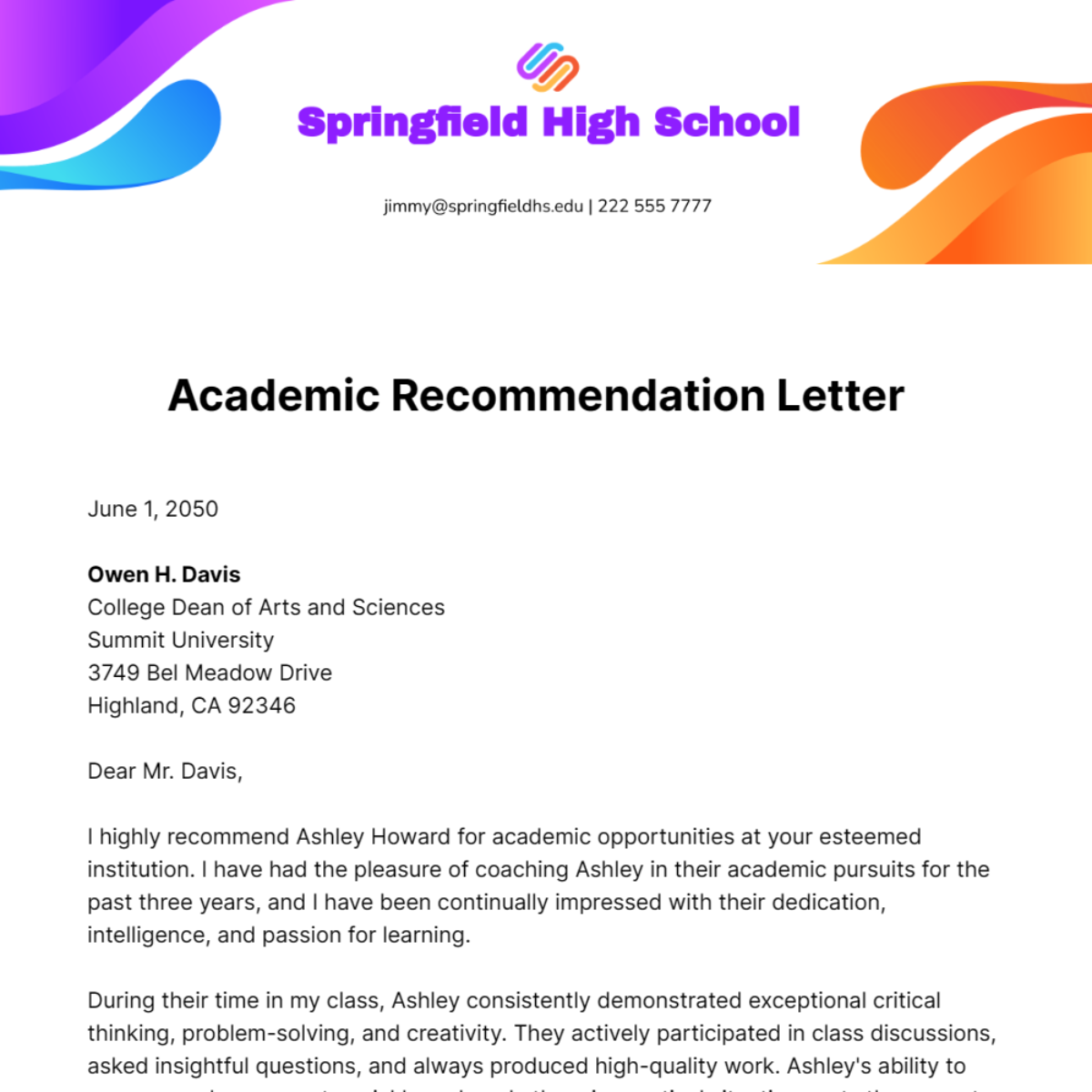 Academic Recommendation Letter Template