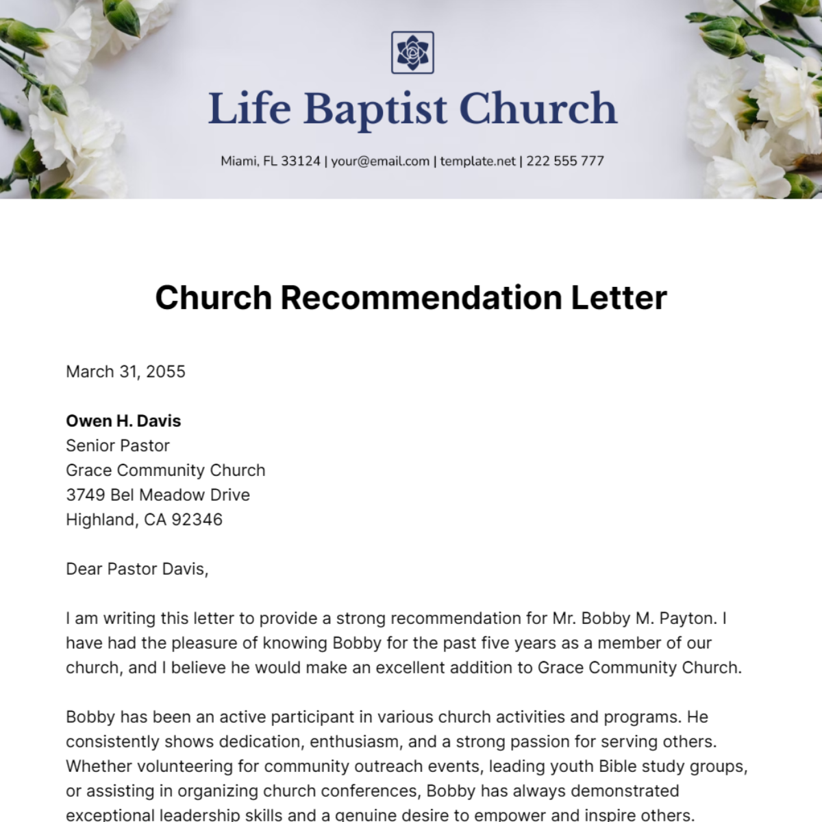 Free Church Recommendation Letter Template