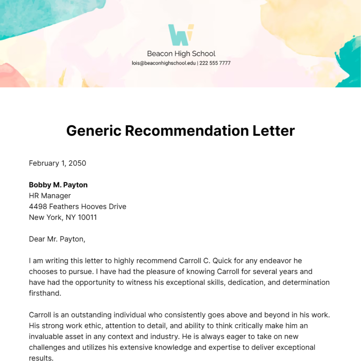 Free Generic Recommendation Letter Template