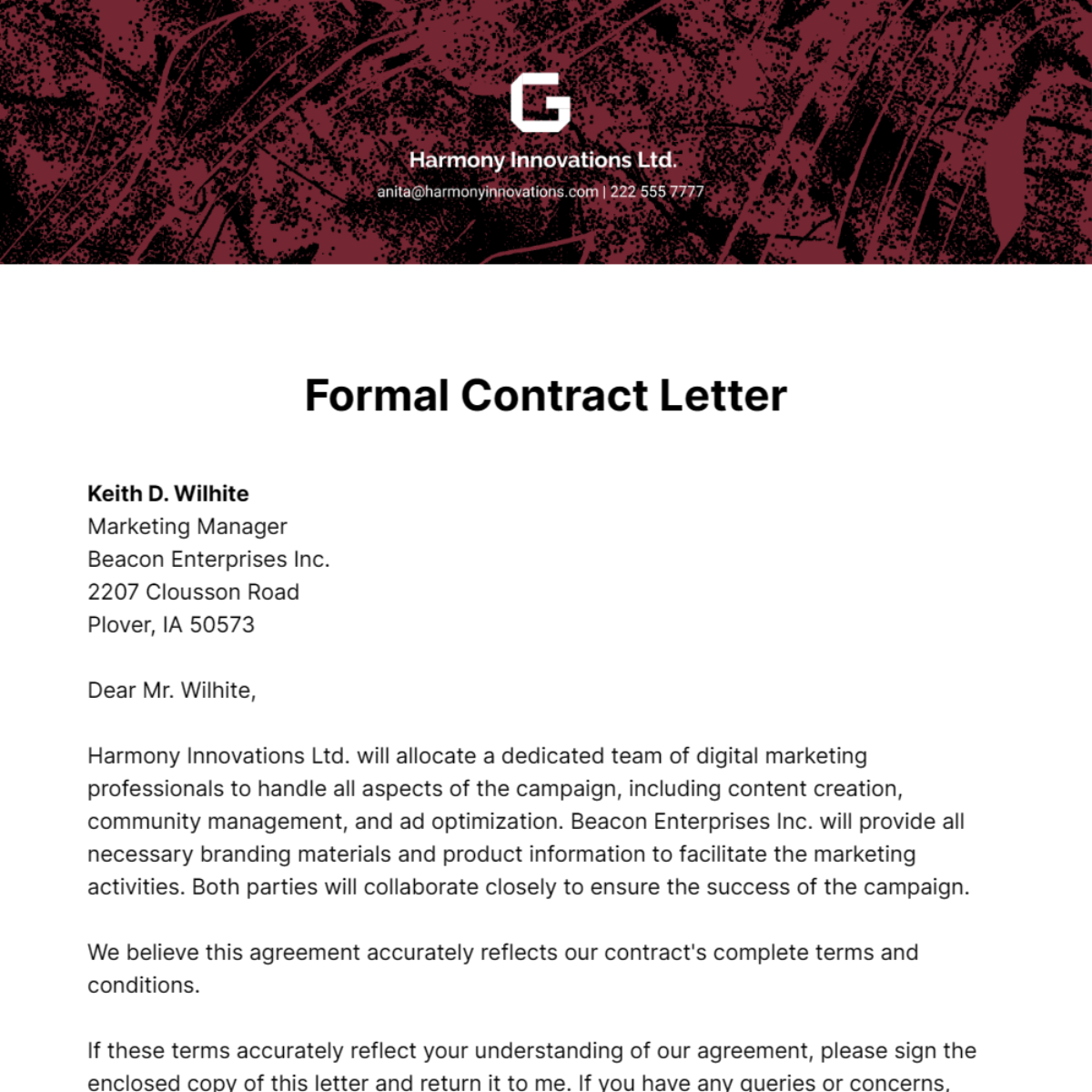 Formal Contract Letter Template