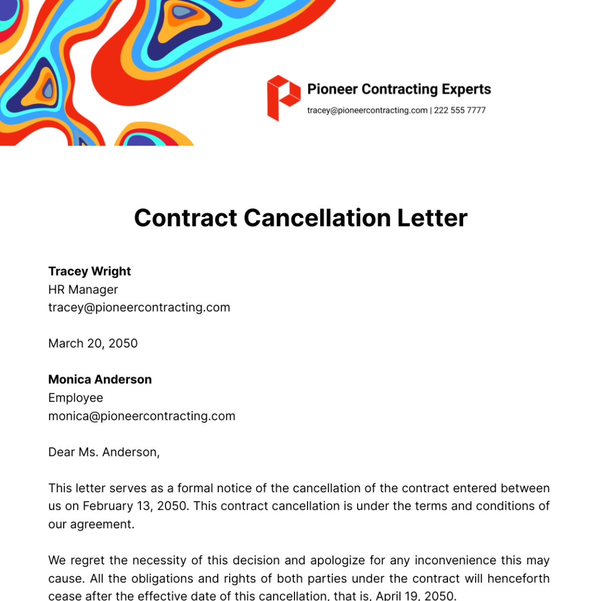 Contract Cancellation Letter Template