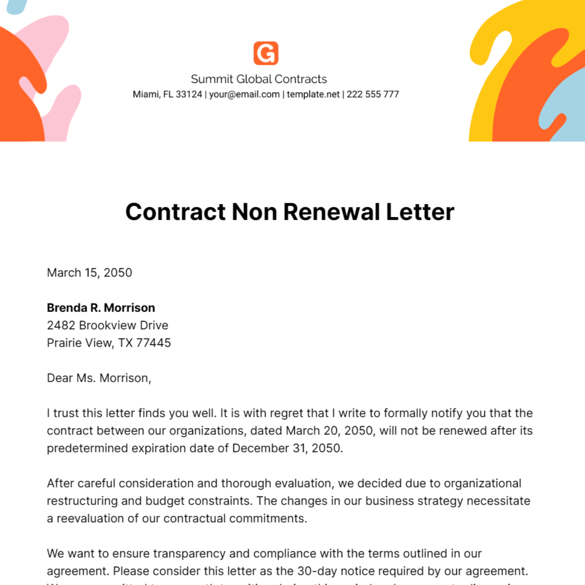Free Contract Non Renewal Letter Template