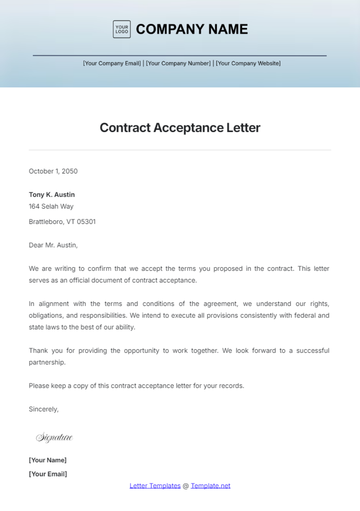 Contract Acceptance Letter Template - Edit Online & Download