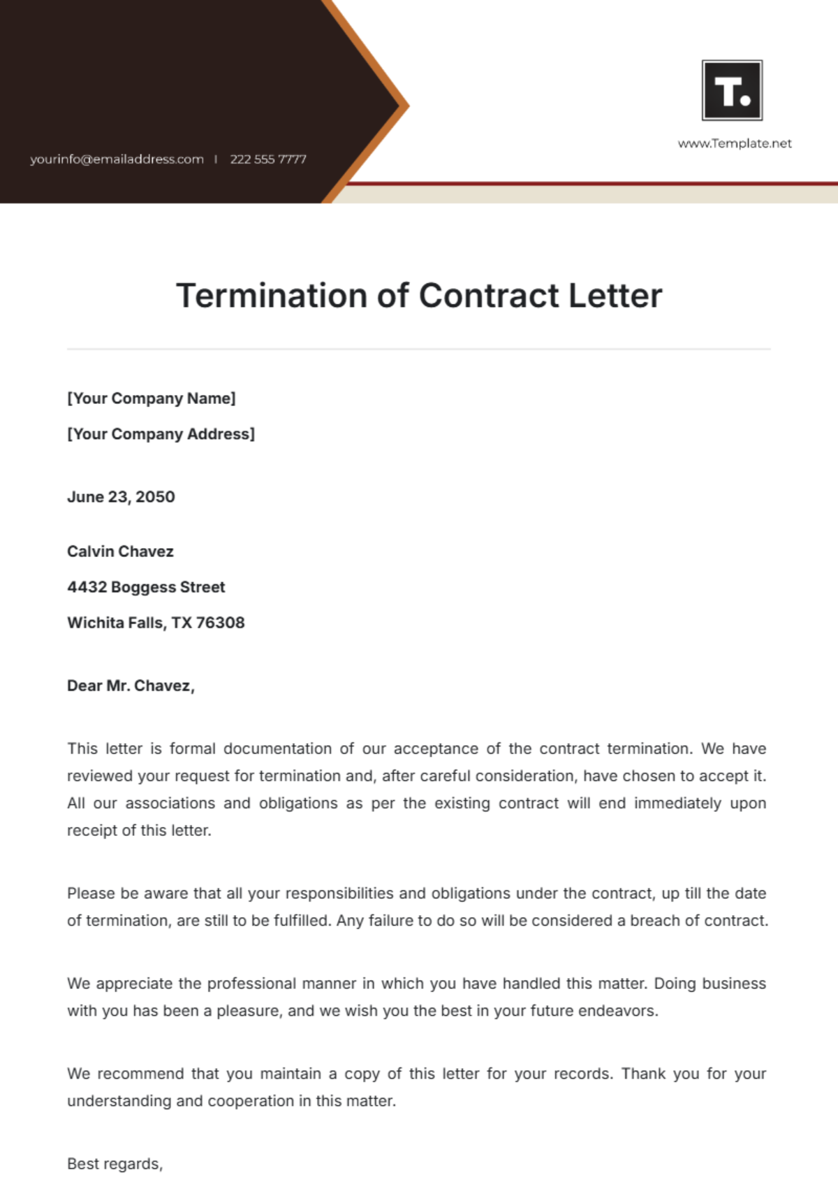 Termination of Contract Letter Template - Edit Online & Download