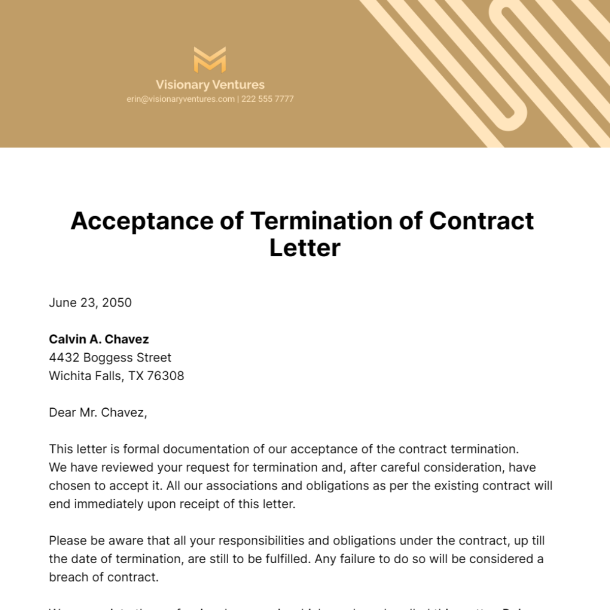 Acceptance of Termination of Contract Letter Template