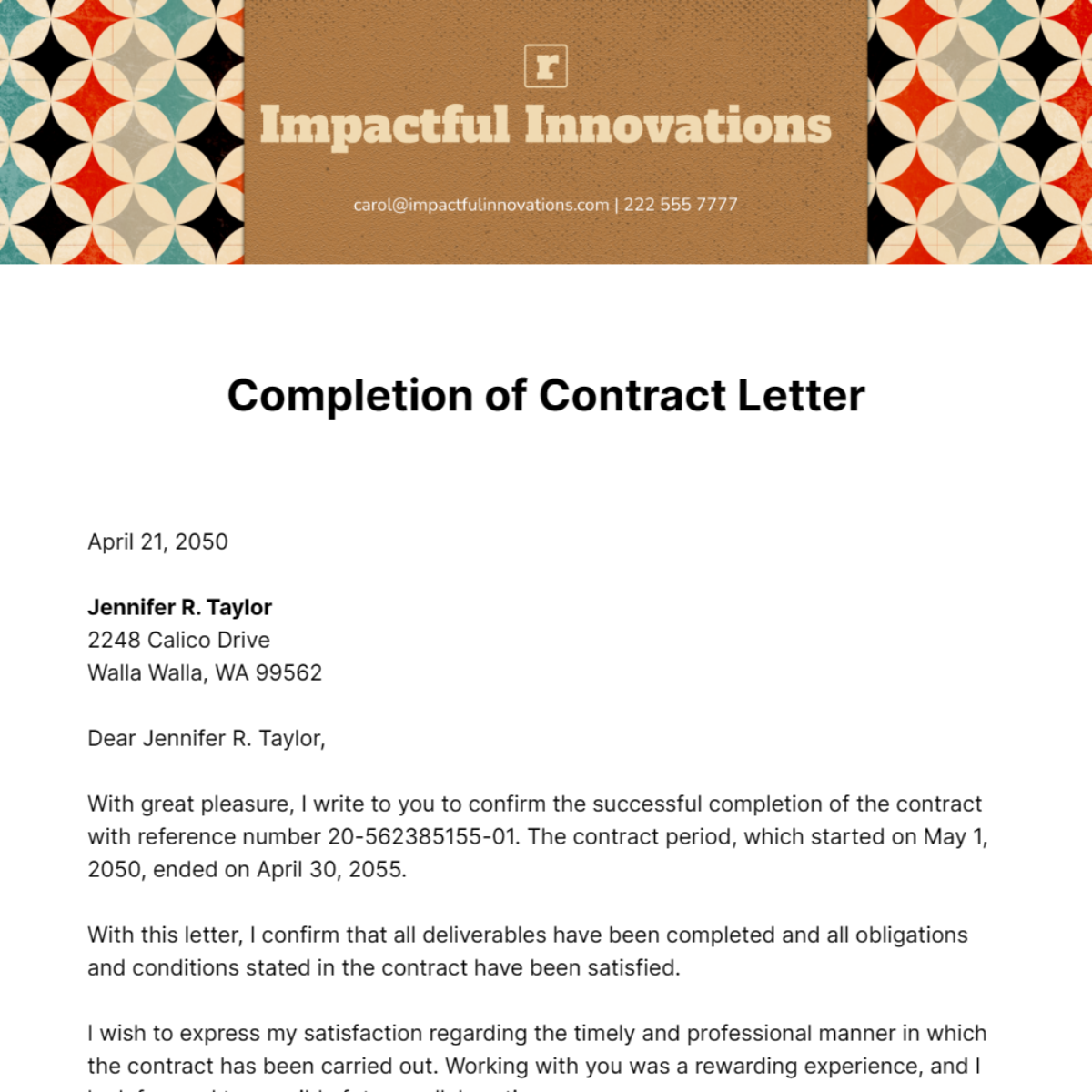Free Completion of Contract Letter Template