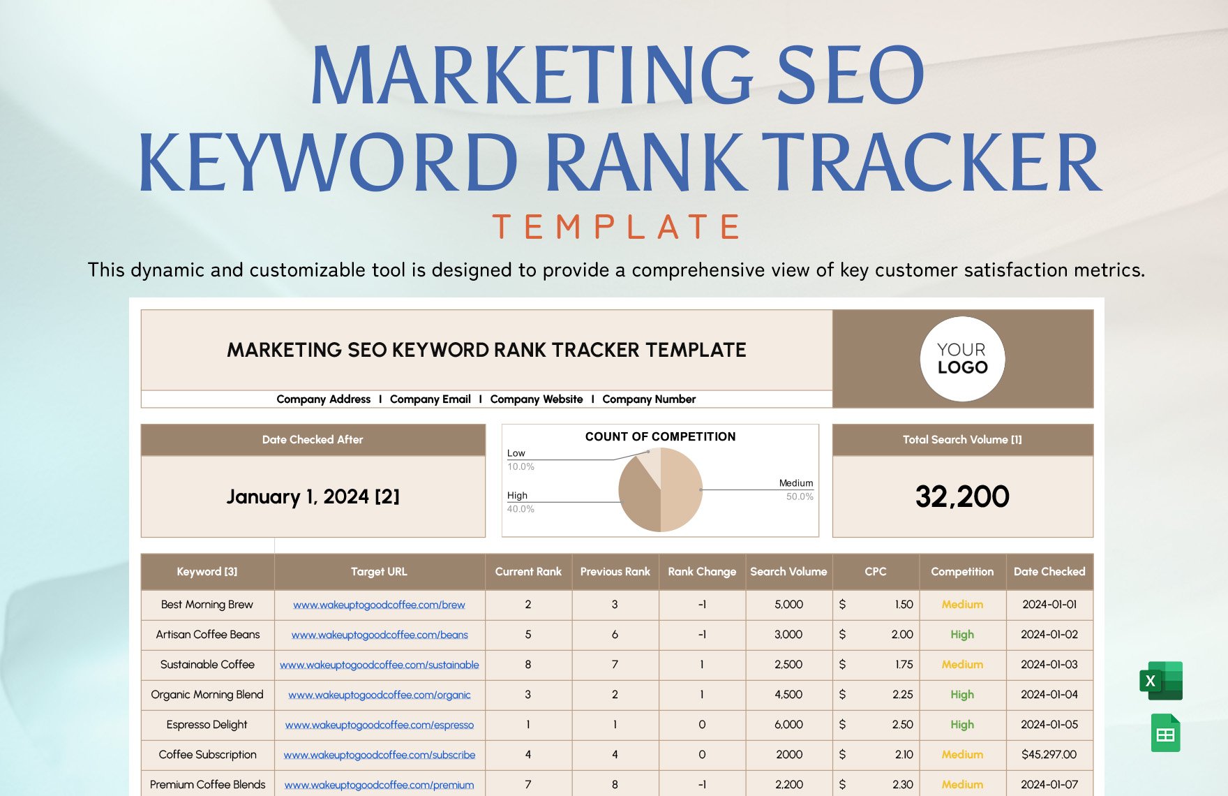 Marketing SEO Keyword Rank Tracker Template in Excel, Google Sheets