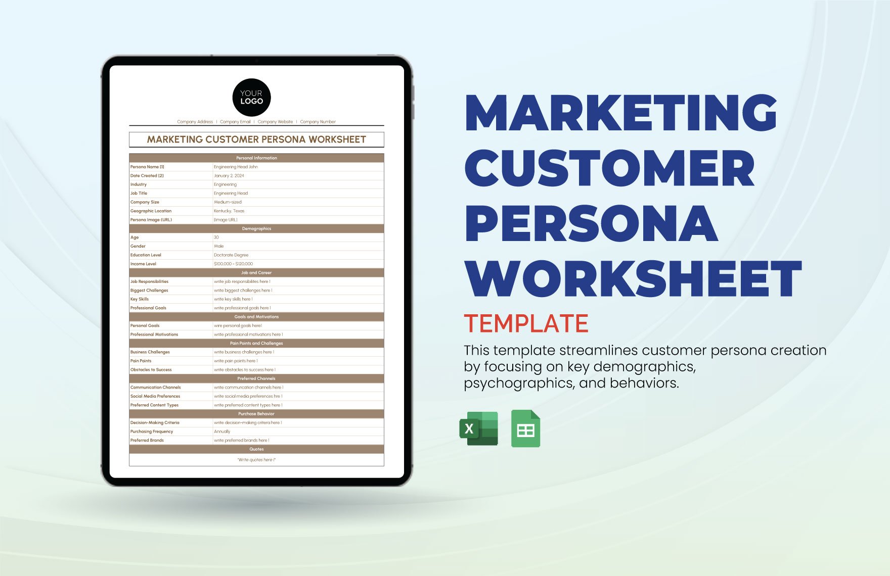Marketing Customer Persona Worksheet Template