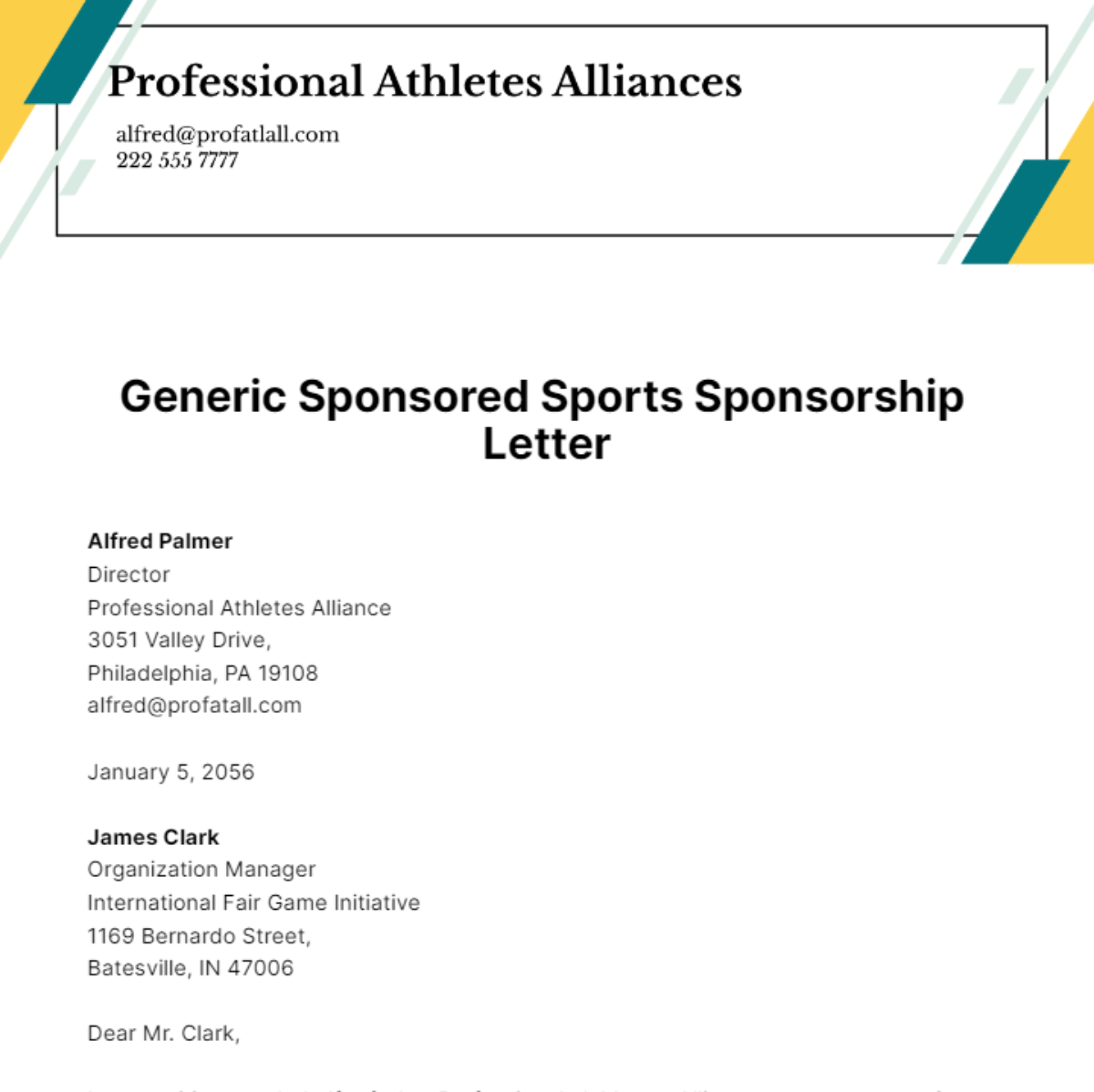Generic Sponsored Sports Sponsorship Letter Template