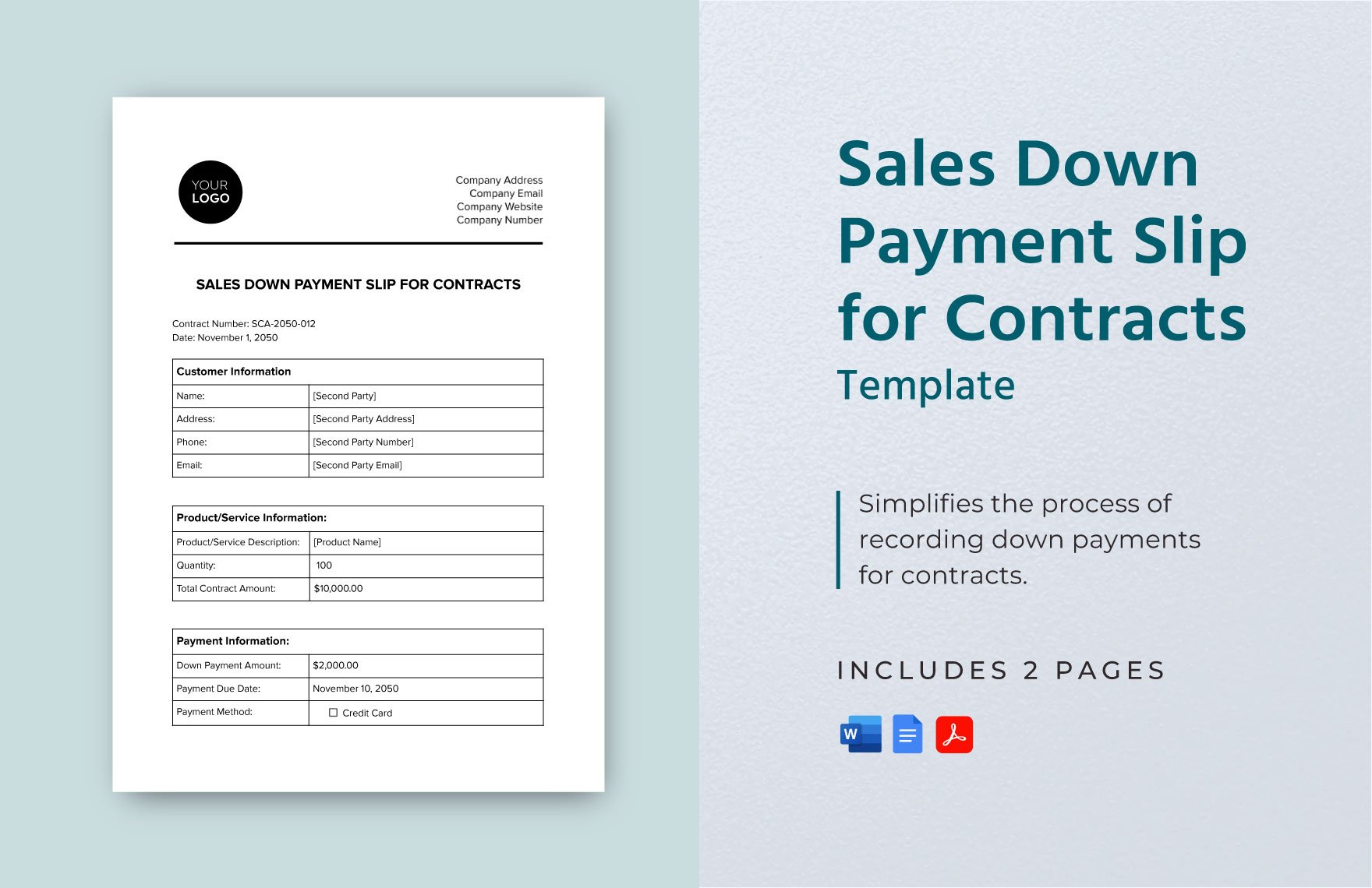 Sales Down Payment Slip for Contracts Template in Word, Google Docs, PDF