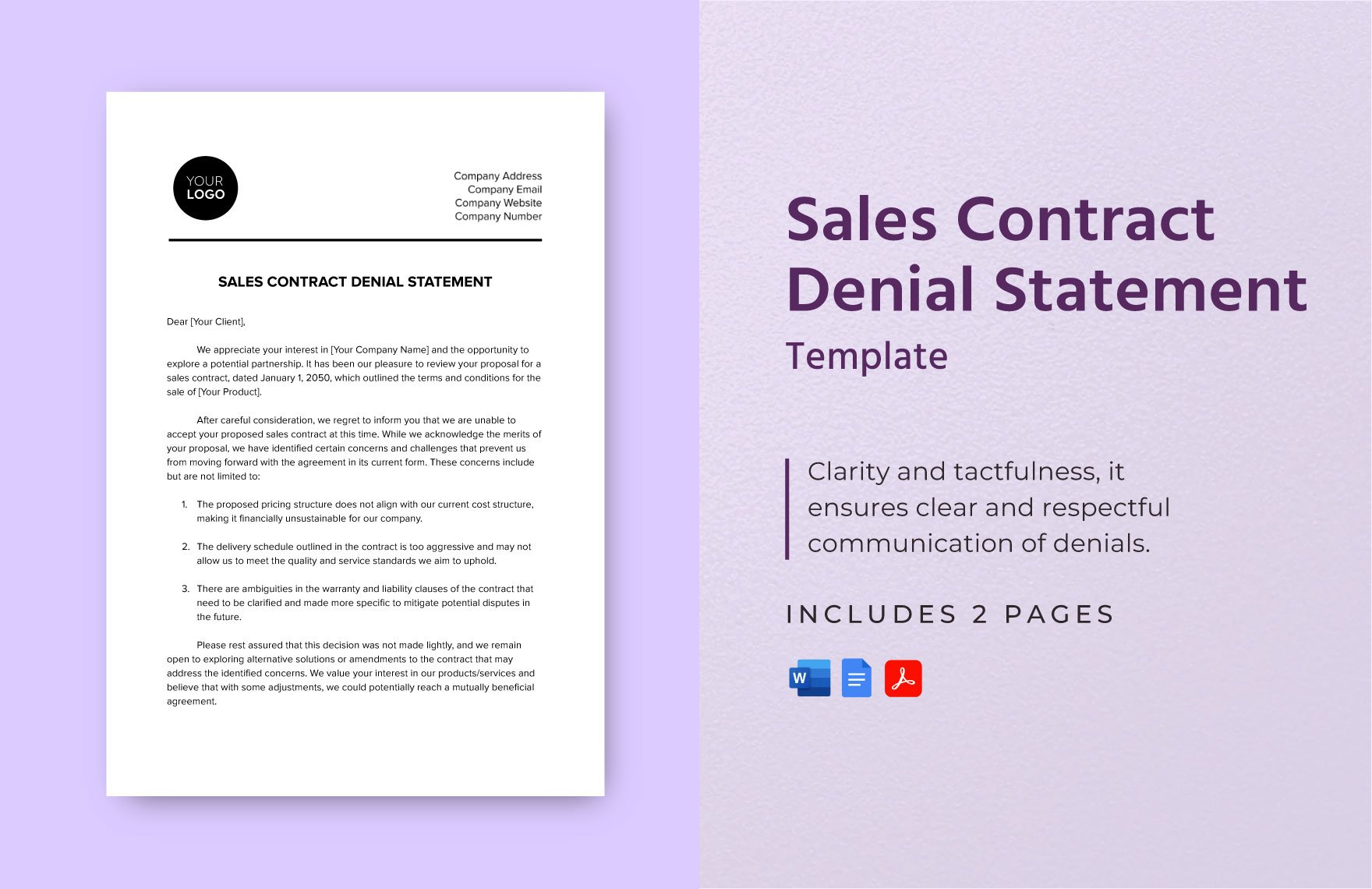 Sales Contract Denial Statement Template in Word, Google Docs, PDF