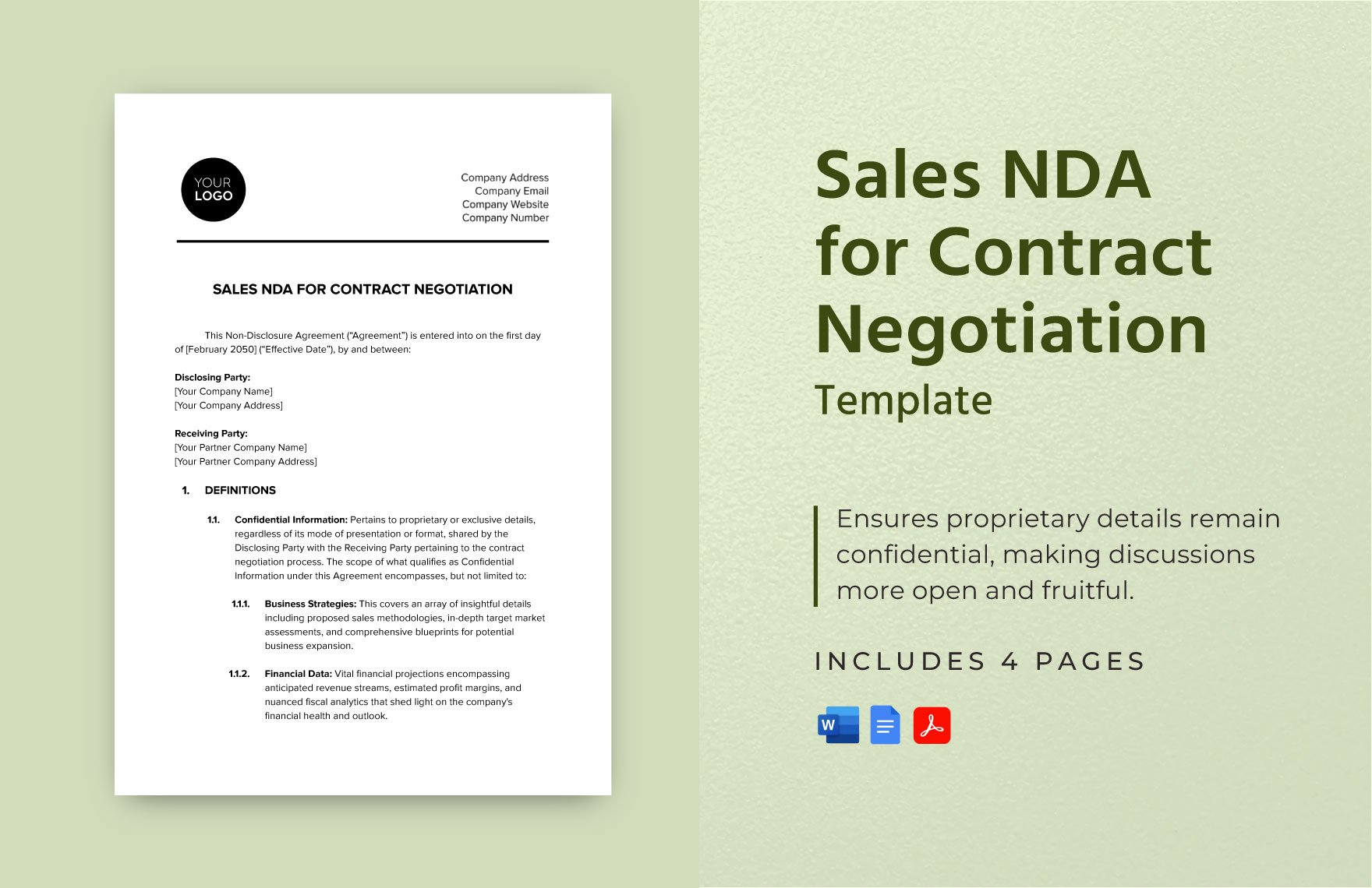 Sales NDA for Contract Negotiation Template in PDF Word Google Docs