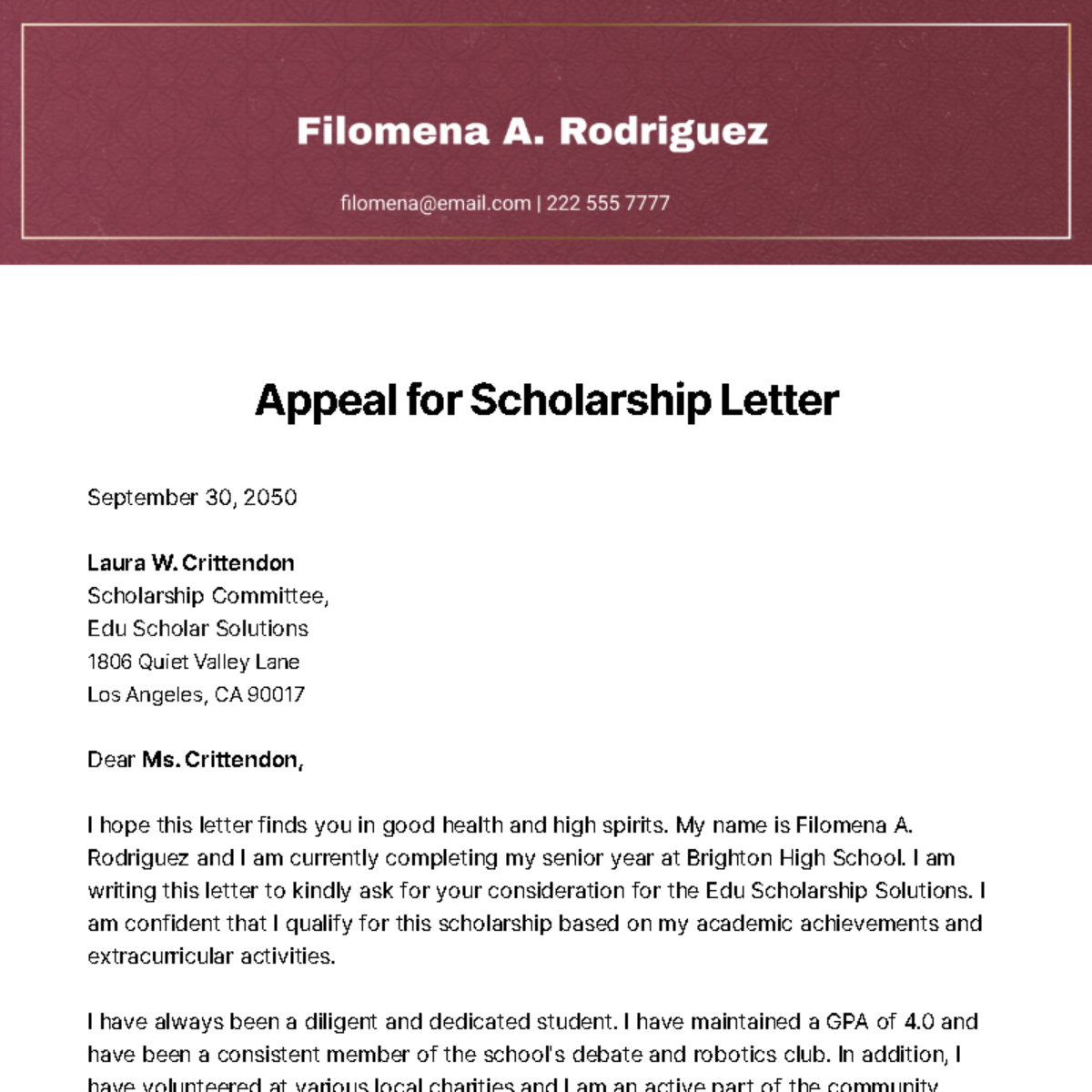 Free Appeal for Scholarship Letter Template